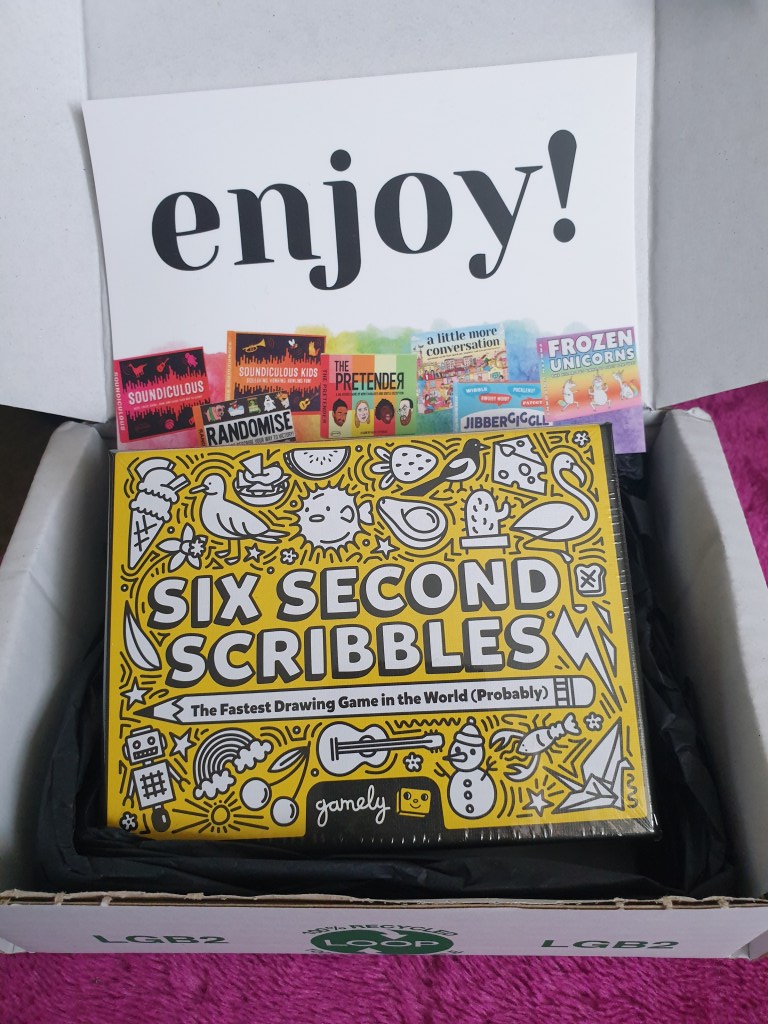 Flatlay of Six Second Scribbles game box