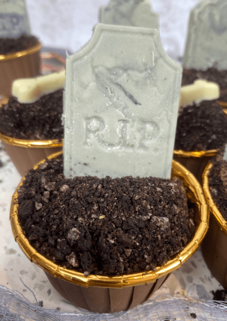 Graveyard cupcakes as described in the post.