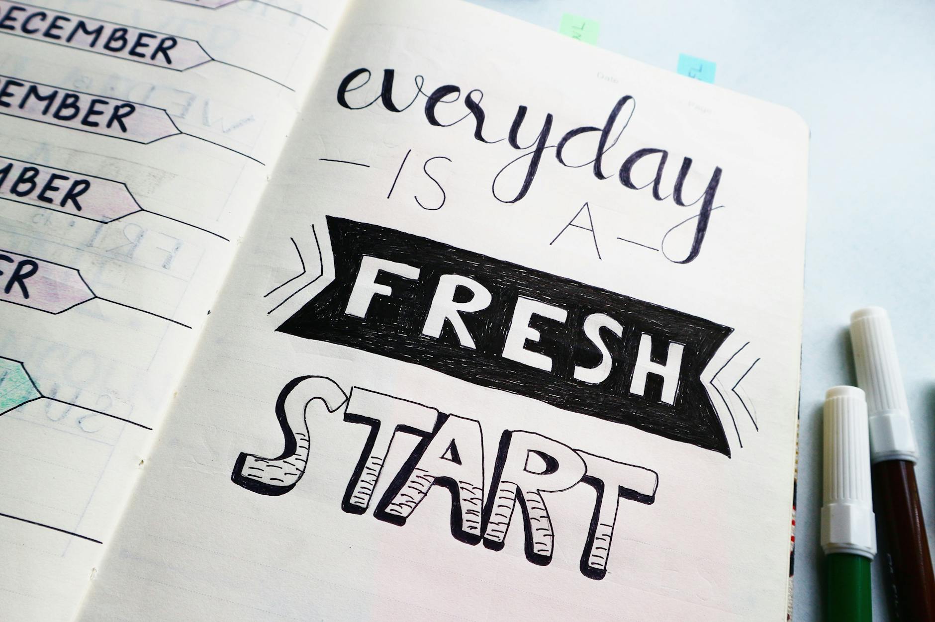 Quote everyday is a fresh start in a notebook for Psychological Benefits of Decluttering in January post