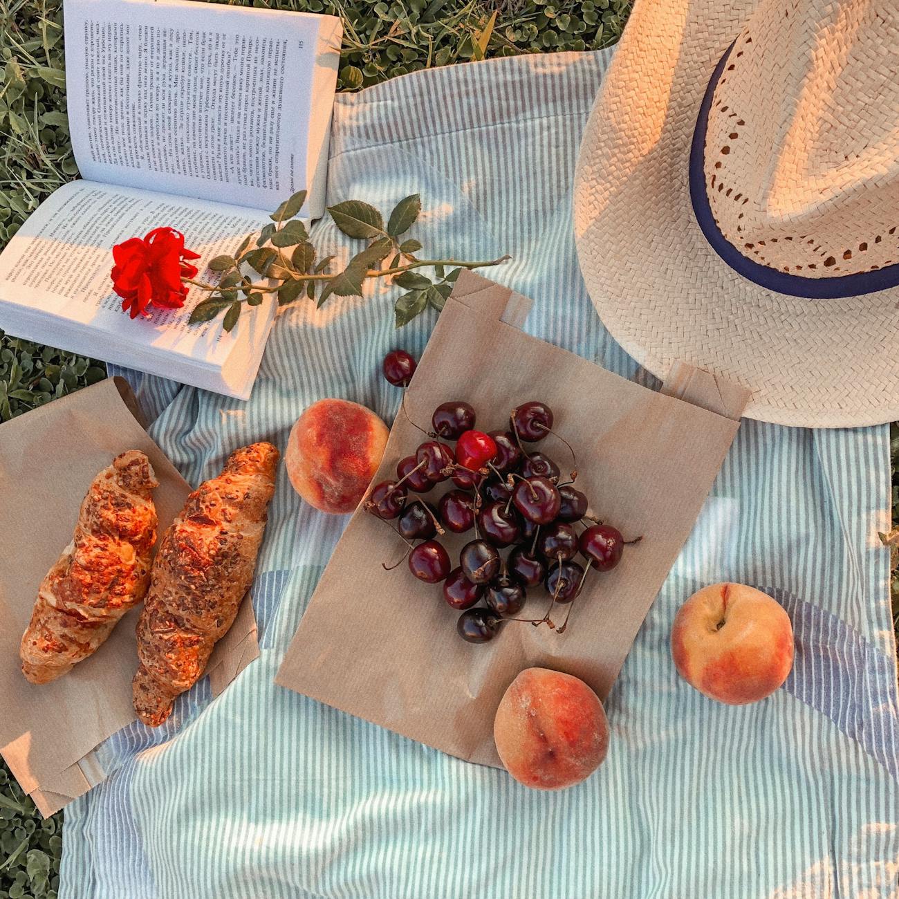 Flatlay of book with a rose, hat and a picnic for How to Read More This Summer Without Burning Out post.