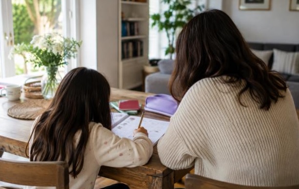 Child witing at a table with parent for School Holidays Without the Stress: Simple Ways to Keep Kids Learning Without a Strict Routine post.