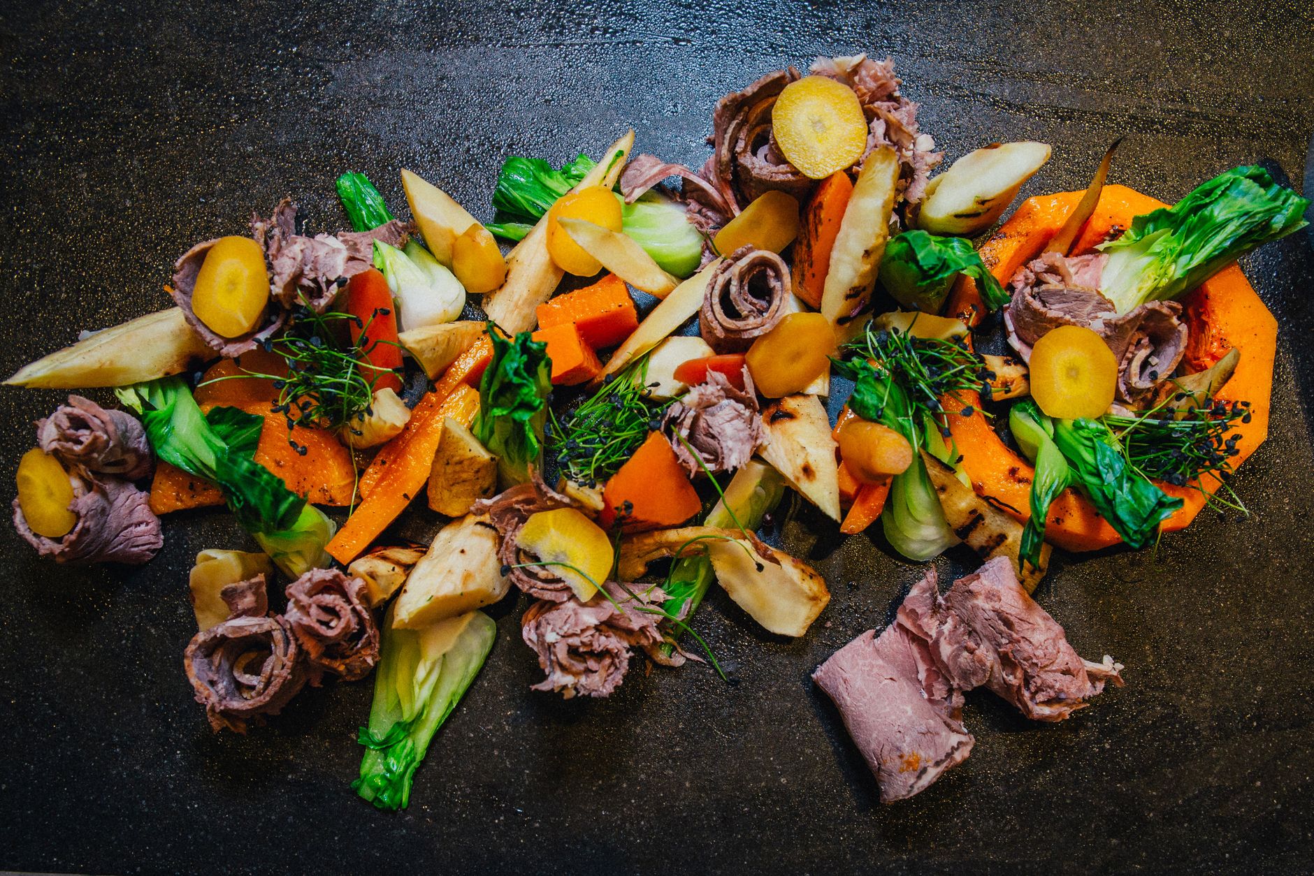 Flat lay of chopped vegetables and meat for Slow Cooker Meals for Busy School Nights: Easy Family Dinners That Practically Cook Themselves post.